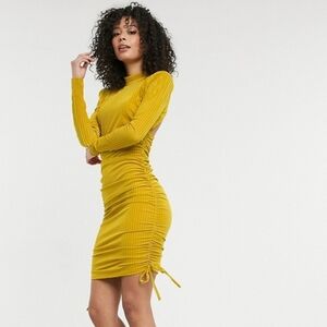 Yellow Long Sleeve Open Back Bodycon Ribbed Dress ASOS Medium Large Mustard Mini